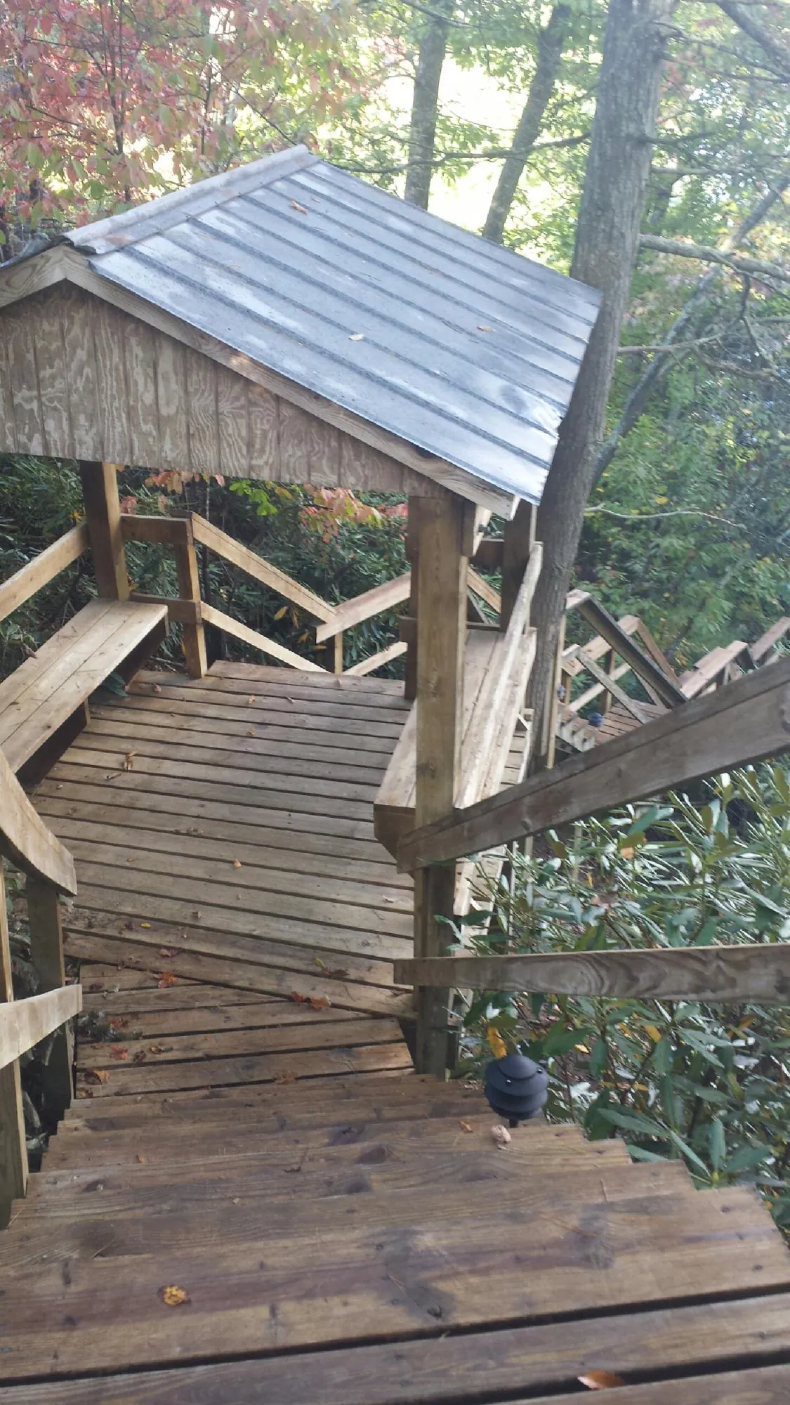 Metal roofed shelter over wooden steps on a wooded walkway — Skylight Repair & Installation work by our crew in Cost